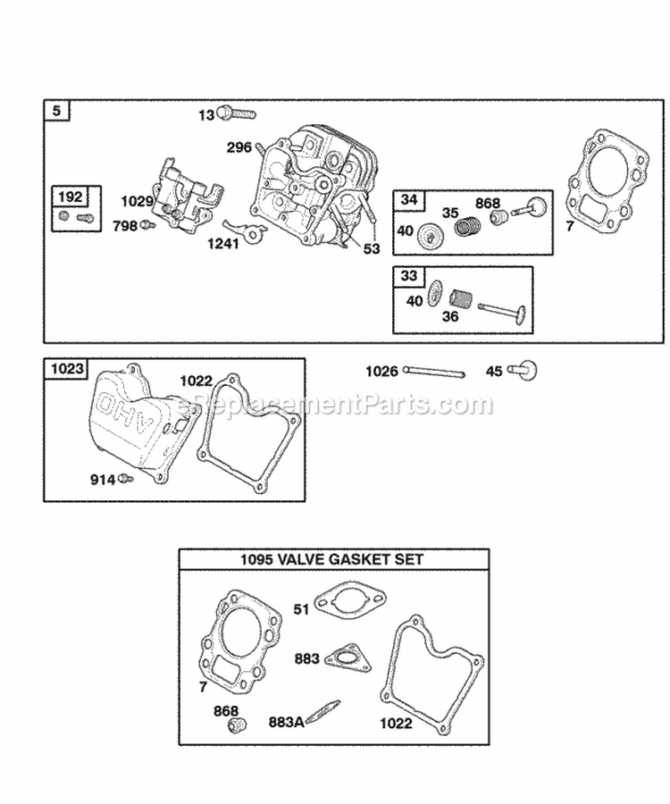 Cylinder Head Gasket Set - Valve Valves Diagram and Parts List for  Briggs and Stratton Engine